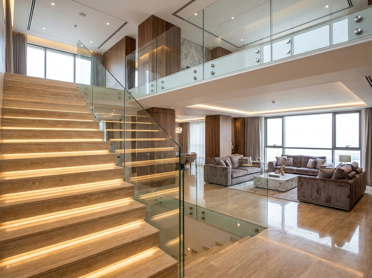 Glas-Geländer-Punktverbindung-Travetin